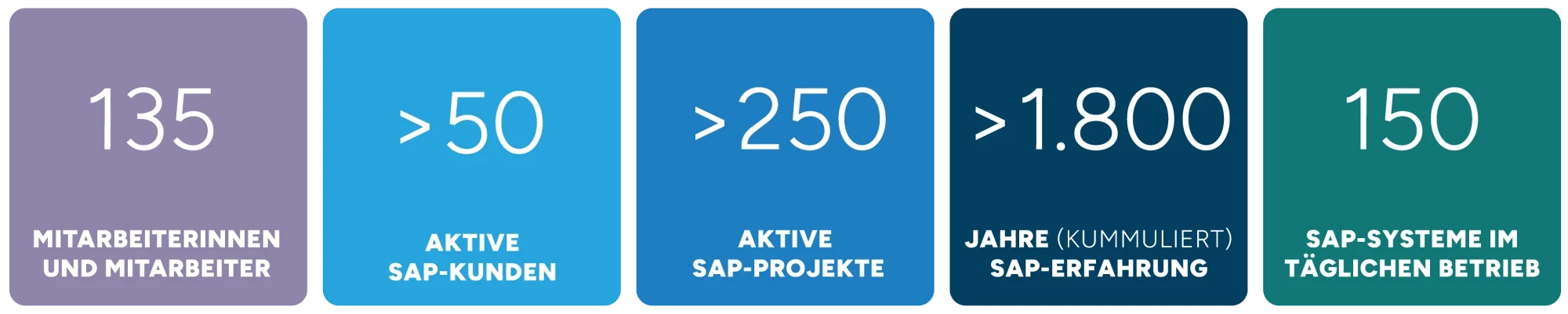 Foto zeigt einen Überblick über das SAP-Umfeld bei SPIRIT/21: 135 engagierte Mitarbeiterinnen und Mitarbeiter, über 50 zufriedene SAP-Kunden, mehr als 250 laufende SAP-Projekte, eine beeindruckende Gesamterfahrung von über 1800 Jahren im SAP-Bereich und die Verwaltung von 150 aktiven SAP-Systeme | SPIRIT/21