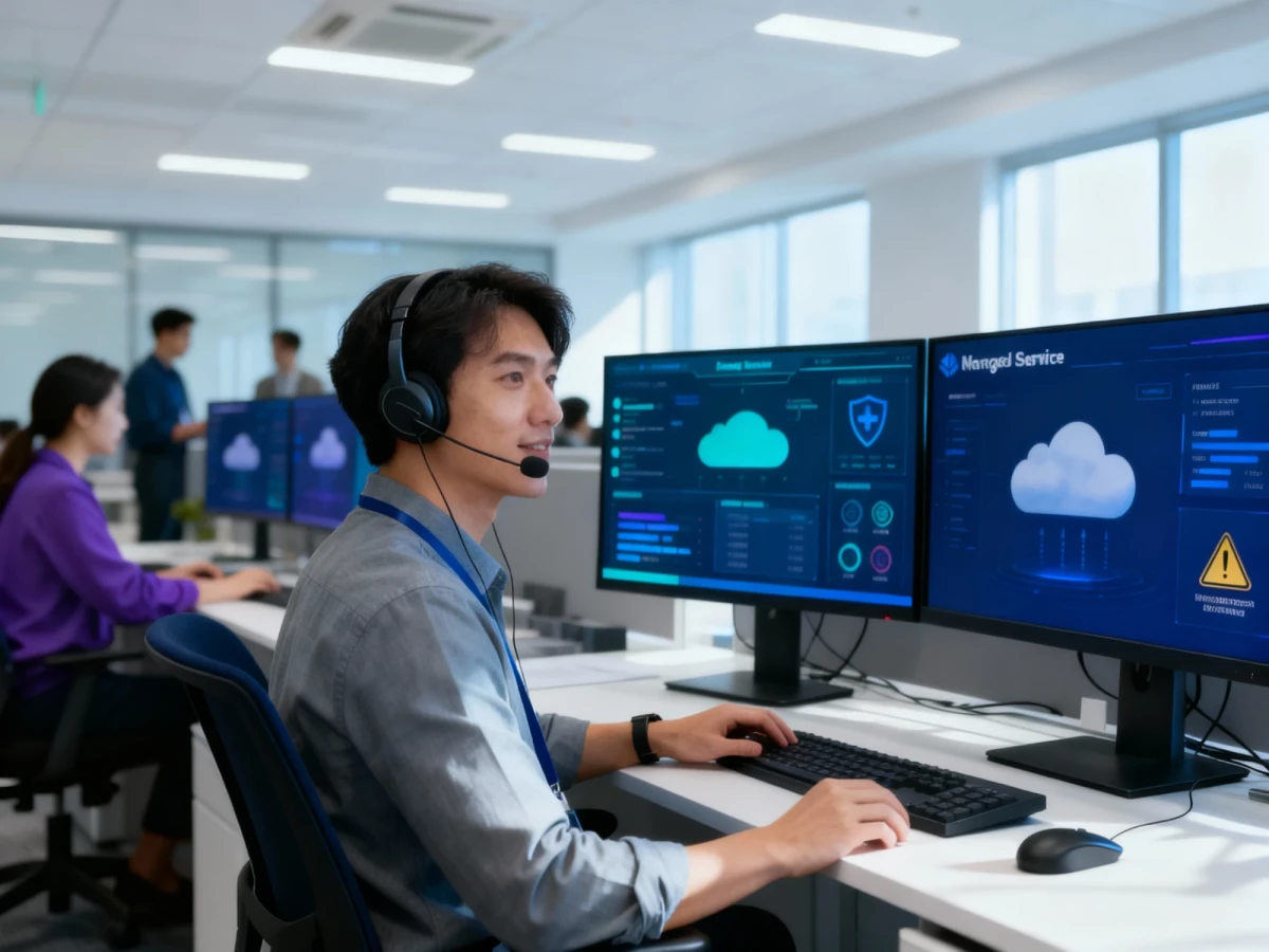Realistische Szene eines Managed-Services-Mitarbeiters in modernem Support-Center, Person mit Headset vor mehreren Monitoren, Cloud-Dashboards, Sicherheitswarnungen, Kollegen im Hintergrund, Business-Casual, klare helle Beleuchtung. | SPIRIT/21
