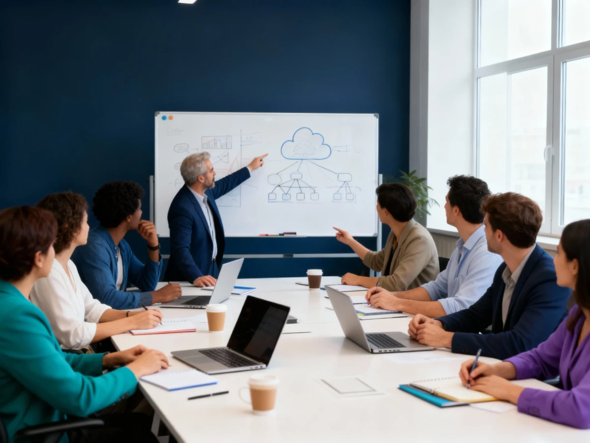 Realistische Szene eines modernen Strategieworkshops in einem hellen Konferenzraum. Mehrere Business-Professionals unterschiedliche Ethnien sitzen um einen großen Tisch, diskutieren aktiv, einige zeigen auf ein Whiteboard mit Diagrammen und Cloud-Architektur-Skizzen. Laptops, Notizblöcke und Kaffee auf dem Tisch. Business-Casual Kleidung, professionelle Atmosphäre, natürliche Beleuchtung. | SPIRIT/21