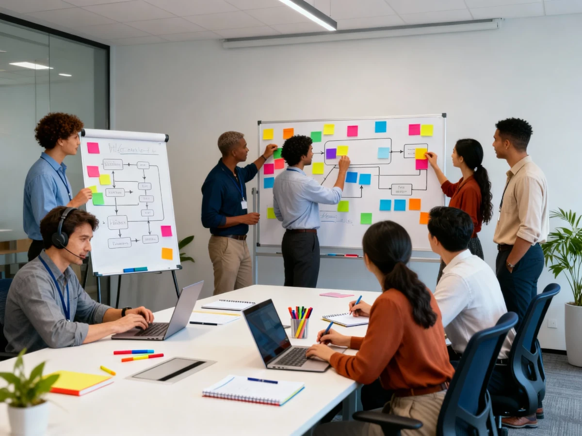 Realistische Szene eines Strategieworkshops in einem modernen Konferenzraum. Mehrere Business-Professionals unterschiedliche Ethnien stehen und sitzen um einen großen Tisch. Im Raum sind Flipcharts mit bunten Post-its und Prozessdiagrammen sichtbar, einige Teilnehmer kleben farbige Zettel an die Charts, andere diskutieren aktiv. Auf dem Tisch liegen Notizblöcke, Marker und Laptops. Business-Casual Kleidung, kreative und kollaborative Atmosphäre, natürliche Beleuchtung. | SPIRIT/21