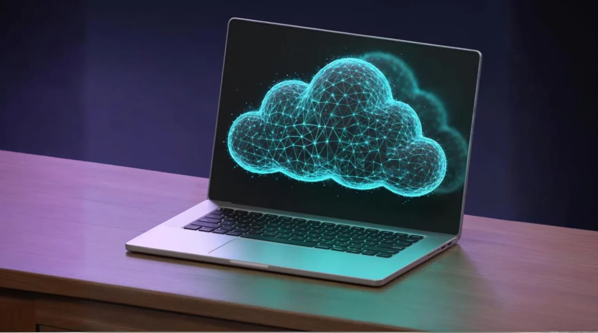 Laptop-Nahaufnahme auf Holzschreibtisch, holografische Cloud mit vernetzten Knotenpunkten, animierte Datenströme, 3D-Rendering | SPIRIT/21