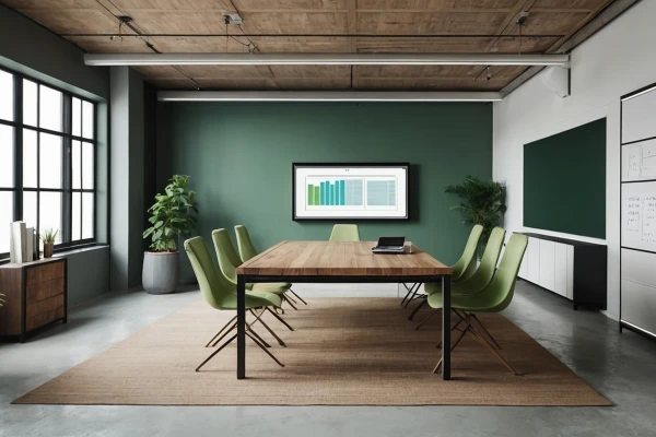 Leerer moderner Loft-Bürobereich mit Holztisch mit Monitor an der Wand, welcher Statistiken zeigt. Auf dem Boden liegt ein brauner Teppich und es befinden sich Pflanzen im gesamten Raum.