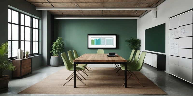 Leerer moderner Loft-Bürobereich mit Holztisch mit Monitor an der Wand, welcher Statistiken zeigt. Auf dem Boden liegt ein brauner Teppich und es befinden sich Pflanzen im gesamten Raum.