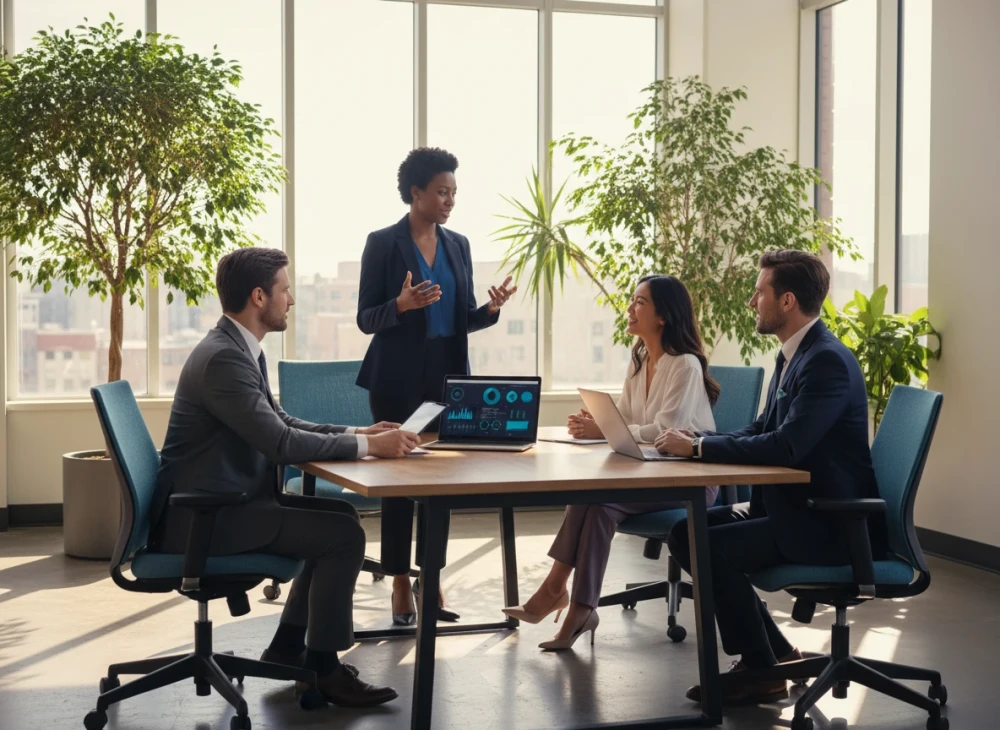 Ein Team welches in einem Meeting Raum sitzt und zusammen etwas bespricht.
