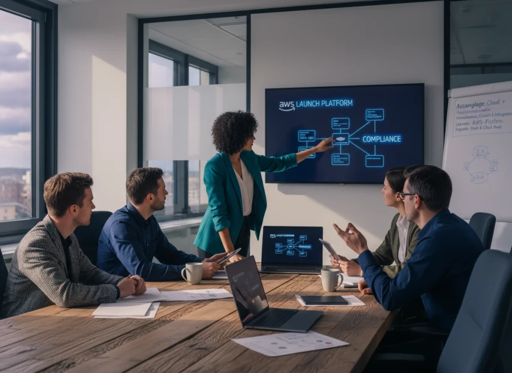 Ein Team welches in einem Meeting Raum sitzt und etwas bespricht.