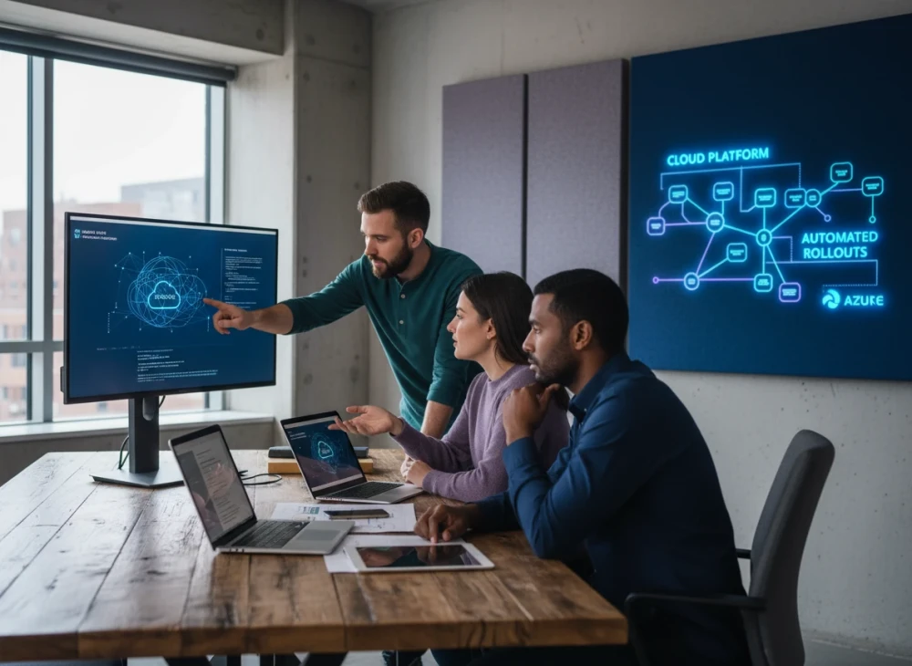 Drei Menschen die zusammen an einem gro&szlig;en Tisch sitzen und etwas zusammen besprechen.