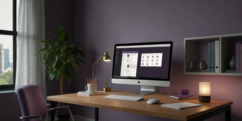 A modern and minimalistic office with new hardware and a video call on the desktop of the computer. | SPIRIT/21
