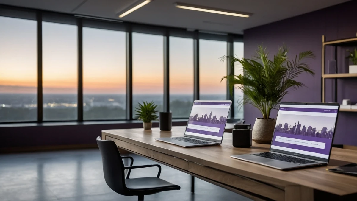 Ein modernes, helles Büro mit Laptops auf einem Holztisch. Im Hintergrund ist eine große Fensterfront und Pflanzen | SPIRIT/21