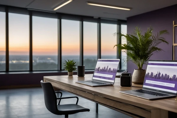 Ein modernes, helles Büro mit Laptops auf einem Holztisch. Im Hintergrund ist eine große Fensterfront und Pflanzen | SPIRIT/21