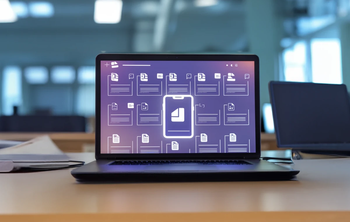 Ein moderner Laptop auf einem Schreibtisch in einem Büro. Auf dem Bildschirm ist eine lilafarbene Fläche zu sehen. Darüber schweben zahlreiche transparente, stilisierte Dokumenten-Icons mit weißen Linien, die Textzeilen darstellen. Eine große, weiße Lupe liegt über den Dokumenten, symbolisiert die digitale Dokumentensuche. Der Hintergrund ist ein großer unscharfer Büroraum mit heller Beleuchtung. | SPIRIT/21