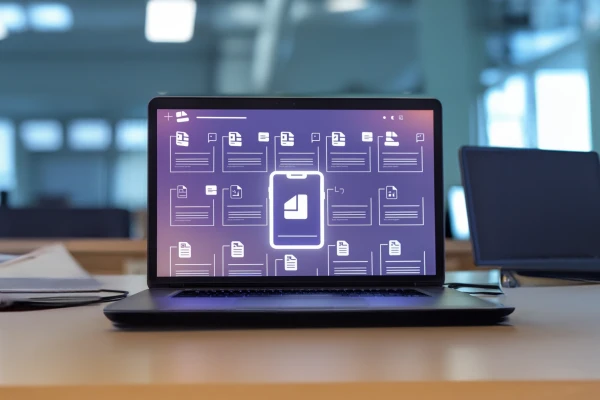 Ein moderner Laptop auf einem Schreibtisch in einem Büro. Auf dem Bildschirm ist eine lilafarbene Fläche zu sehen. Darüber schweben zahlreiche transparente, stilisierte Dokumenten-Icons mit weißen Linien, die Textzeilen darstellen. Eine große, weiße Lupe liegt über den Dokumenten, symbolisiert die digitale Dokumentensuche. Der Hintergrund ist ein großer unscharfer Büroraum mit heller Beleuchtung. | SPIRIT/21