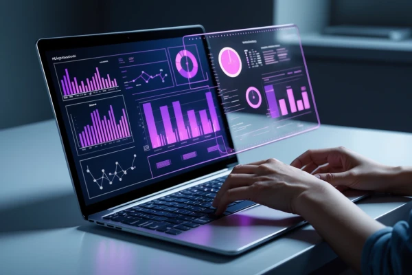 Image ist ein digitales Kunstwerk, das einen futuristischen Arbeitsbereich mit Schwerpunkt auf Technologie und Datenvisualisierung darstellt. Ein Laptop mit glattem, metallischem Design liegt aufgeklappt auf einem sauberen Tisch und zeigt eine holografische Benutzeroberfläche an. Die Oberfläche zeigt verschiedene Datendiagramme und Grafiken, darunter Balken- und Liniendiagramme, in leuchtenden Farben wie Lila. Der Hintergrund des Laptop-Bildschirms ist dunkel, um die Sichtbarkeit der holografischen Elemente zu erhöhen. Die Hände einer Person mit hellem Hautton interagieren mit dem Laptop und suggerieren, dass sie sich mit den digitalen Inhalten beschäftigt. Die Umgebung ist schwach beleuchtet, was eine moderne und technikaffine Atmosphäre schafft. Die Gesamtkomposition unterstreicht die Innovation und die Integration fortschrittlicher Technologie in das tägliche Leben. | SPIRIT/21