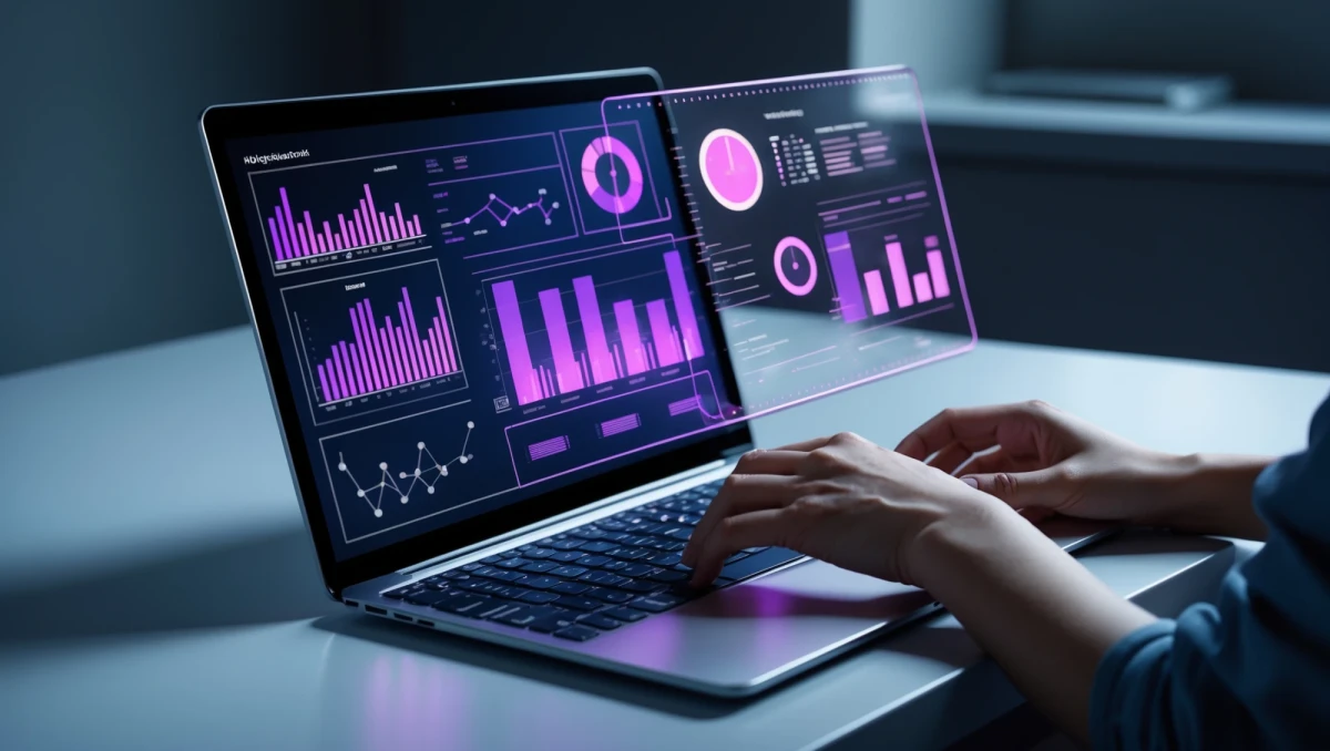 Image ist ein digitales Kunstwerk, das einen futuristischen Arbeitsbereich mit Schwerpunkt auf Technologie und Datenvisualisierung darstellt. Ein Laptop mit glattem, metallischem Design liegt aufgeklappt auf einem sauberen Tisch und zeigt eine holografische Benutzeroberfl&auml;che an. Die Oberfl&auml;che zeigt verschiedene Datendiagramme und Grafiken, darunter Balken- und Liniendiagramme, in leuchtenden Farben wie Lila. Der Hintergrund des Laptop-Bildschirms ist dunkel, um die Sichtbarkeit der holografischen Elemente zu erh&ouml;hen. Die H&auml;nde einer Person mit hellem Hautton interagieren mit dem Laptop und suggerieren, dass sie sich mit den digitalen Inhalten besch&auml;ftigt. Die Umgebung ist schwach beleuchtet, was eine moderne und technikaffine Atmosph&auml;re schafft. Die Gesamtkomposition unterstreicht die Innovation und die Integration fortschrittlicher Technologie in das t&auml;gliche Leben.  | SPIRIT/21