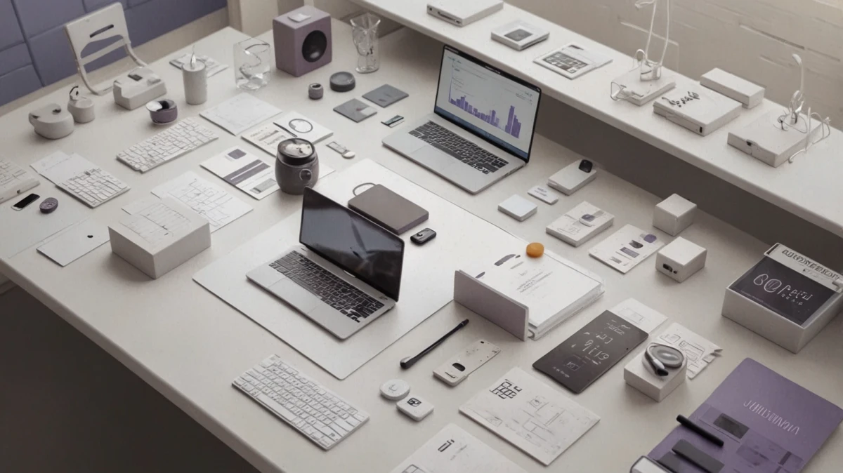 An enterprise mobility management scene, set in a minimalist, modern office space, the devices arranged neatly on a clean, white desk and purple background | SPIRIT/21