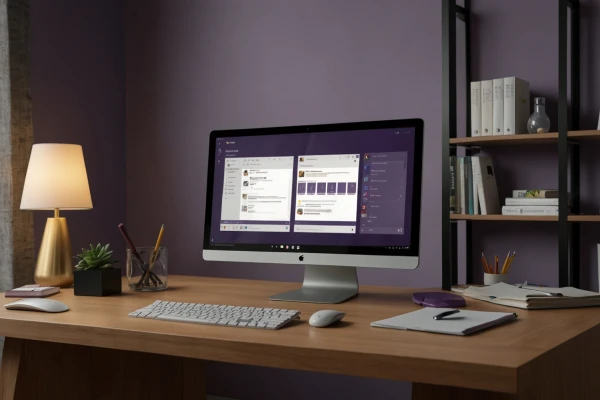 A modern and minimalistic office with a computer desktop on the desk