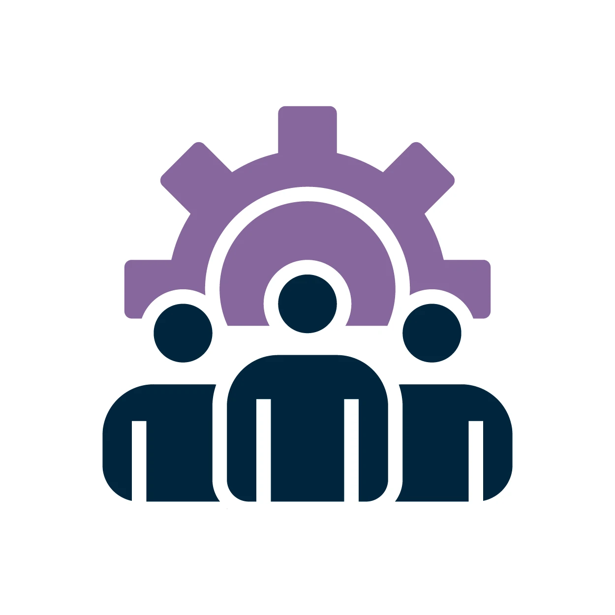 Icon von drei M&auml;nnern welche vor einem &uuml;berdimensional gro&szlig;en Ausschnitt eines Zahnrades stehen. | SPIRIT/21