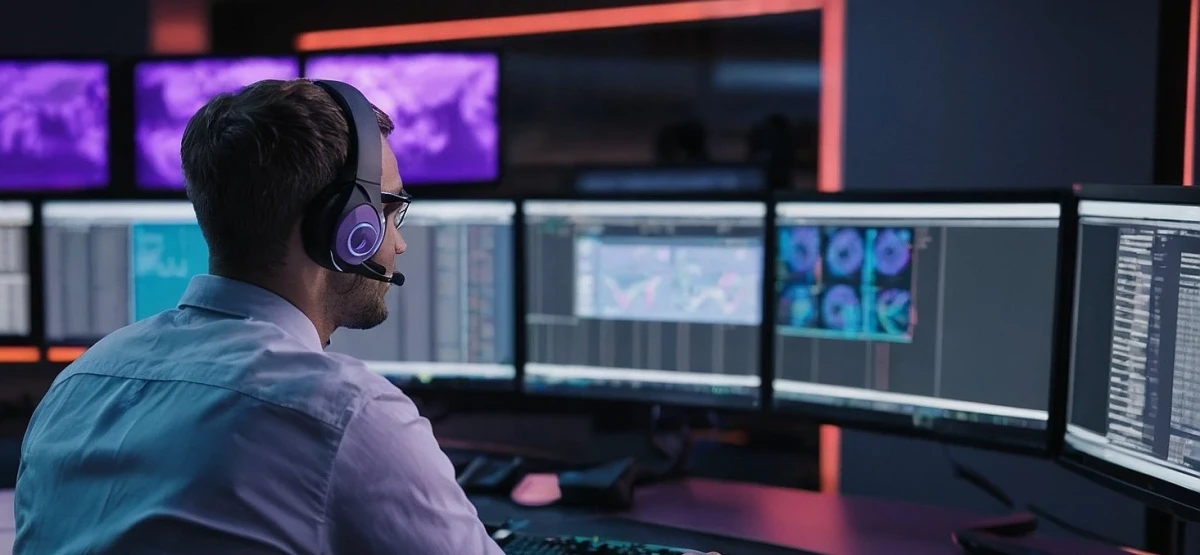 Ein &Uuml;ber-die-Schulter-Blick auf einen Mitarbeiter im technischen Kundensupport mit einem Headset vor einer Vielzahl von Bildschirmen | SPIRIT/21