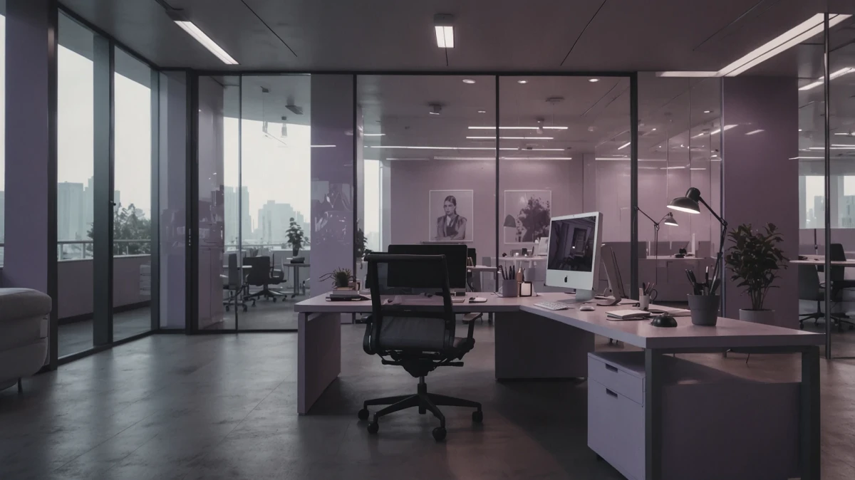 A modern, bright office with several workstations and modern furnishings. In the middle is an L-shaped desk with a desk chair and storage space under the desk. | SPIRIT/21