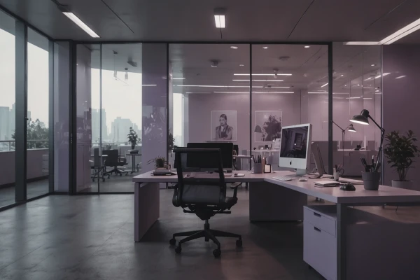 A modern, bright office with several workstations and modern furnishings. In the middle is an L-shaped desk with a desk chair and storage space under the desk. | SPIRIT/21