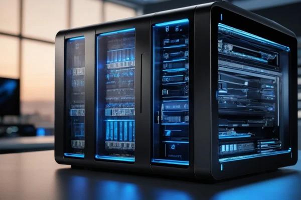 Moderner Hochleistungsserver mit blauer LED-Beleuchtung im Rechenzentrum für Cloud-Backup und IT-Infrastruktur. | SPIRIT/21