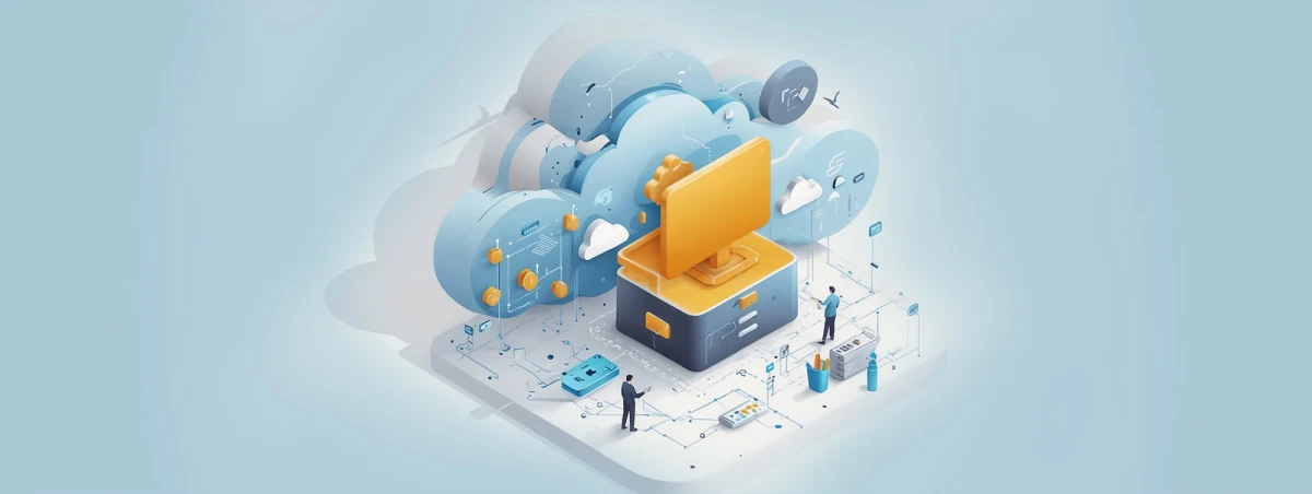 KI generiertes Bild, welches Cloud Computing symbolisiert. Ein Computer mit Wolken und Menschen | SPIRIT/21