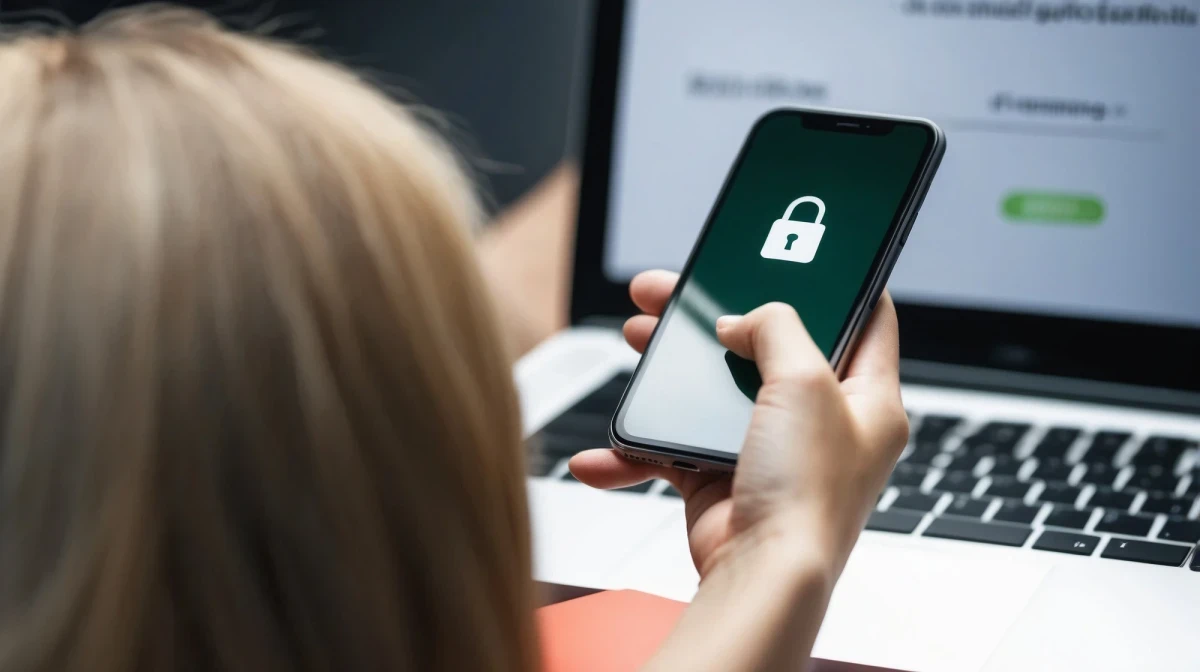 Über-die-Schulter-Blick einer Frau, welche vor einem Laptop sitzt und mit Hilfe Ihres Smartphones eine Zwei-Faktor-Authentifizierung durchführt | SPIRIT/21
