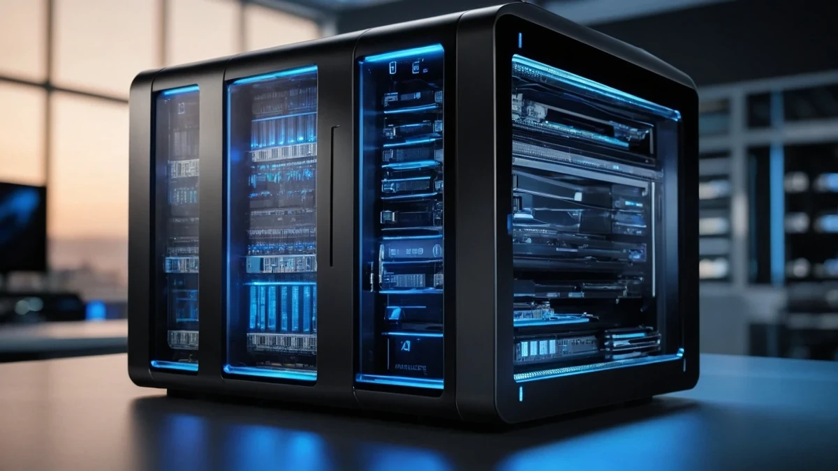 Moderner Hochleistungsserver mit blauer LED-Beleuchtung im Rechenzentrum für Cloud-Backup und IT-Infrastruktur. | SPIRIT/21
