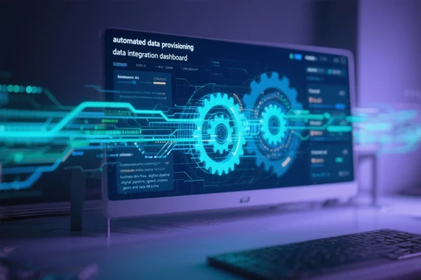 automated data provisioning, data integration dashboard, business data flow, digital pipeline, speed, gears and data lines, interface overlay, modern UI, data connectivity, acceleration, blue / green tones, minimalistic style | SPIRIT/21